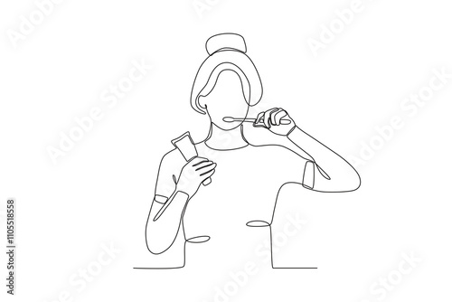 Single continuous line drawing of Woman maintaining healthy teeth with toothbrush, dental concept.  Dynamic single line draw design graphic vector illustration.
