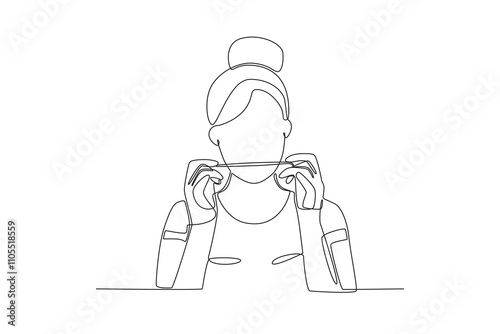 Single continuous line drawing of Woman cleaning her teeth using floss, dental concept.  Dynamic single line draw design graphic vector illustration.
