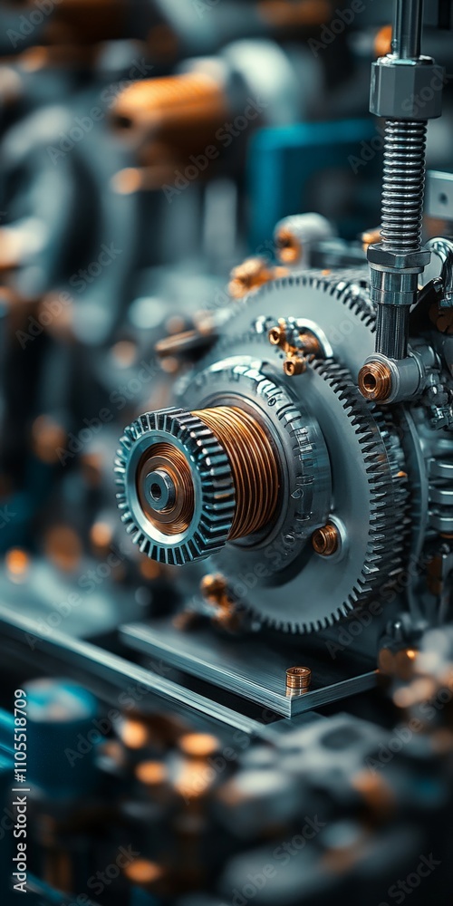 Fototapeta premium A close-up view of detailed mechanical gears and parts in motion, illustrating the complexity and precision in machinery and industrial craftsmanship.