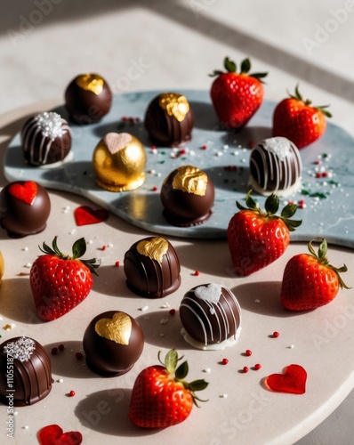 Assorted Handcrafted Chocolate Truffles and Strawberries with Red Heart Decorations on a Stylish Marble Surface for Festive Celebrations. photo