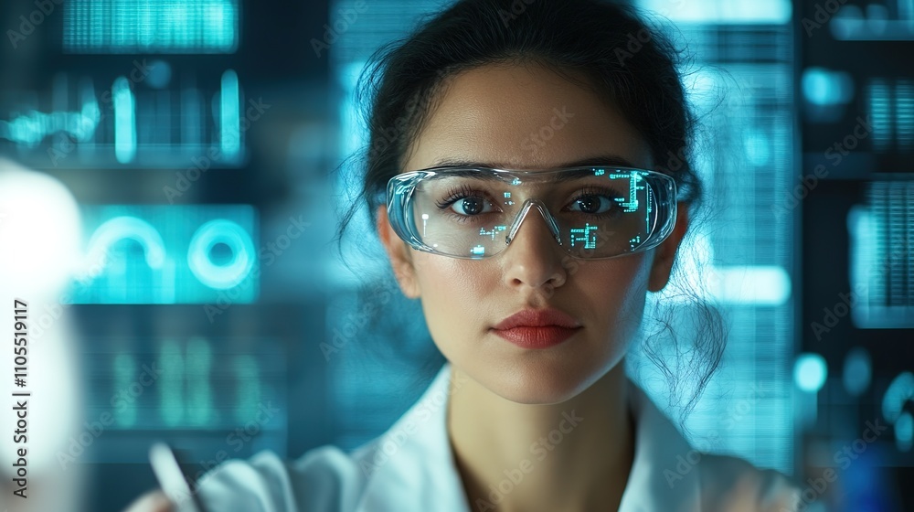 Woman in futuristic glasses with glowing data overlay. Woman in futuristic glasses with glowing data overlay.