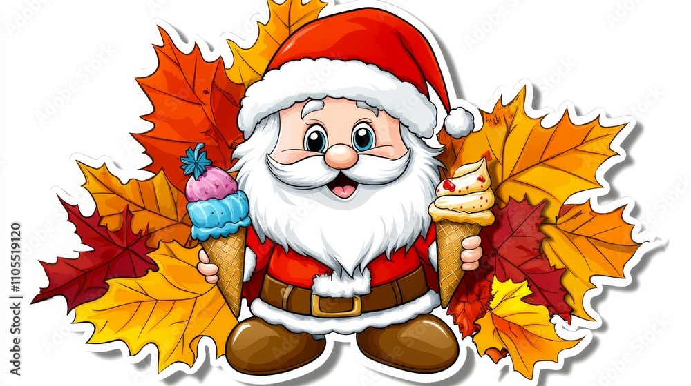 Cheerful Santa Claus, holding ice cream cones, is surrounded by falling autumn leaves, embodying the essence of festive cheer and seasonal indulgences. Cheerful Santa Claus, holding ice cream cones, is surrounded by falling autumn leaves, embodying the essence of festive cheer and seasonal indulgences.