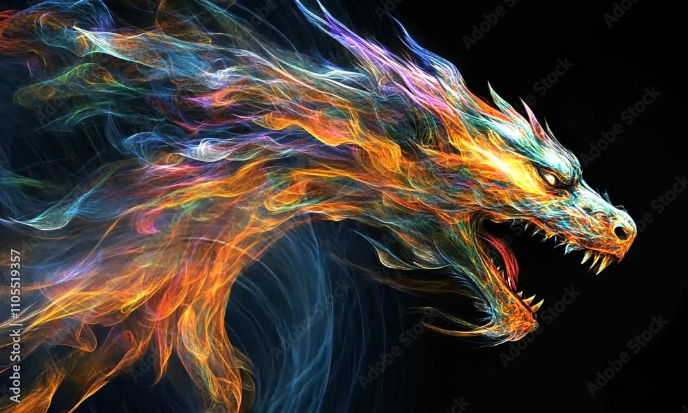 A vibrant, abstract depiction of a dragon with colorful, flowing flames.