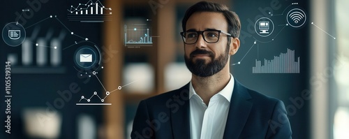 banking analytic integrate concept. A businessman in a digital environment surrounded by analytic charts, AI icons, and network connections representing integrated banking systems