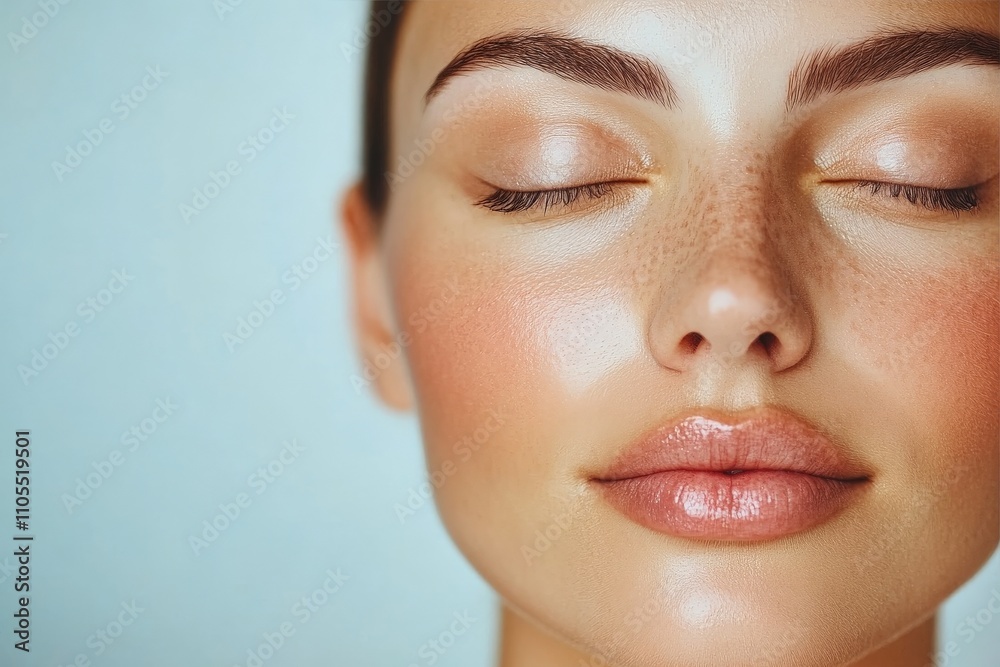 Fototapeta premium A close-up of a woman's radiant and dewy skin with natural freckles, highlighting the beauty of authenticity and embracing individuality in a minimalist style.