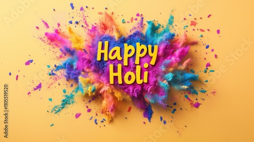 Colorful happy holi sign for celebration with vibrant powder explosion on yellow background