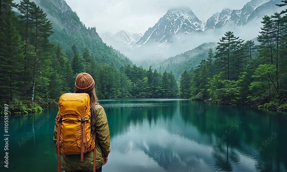 A hiker gazes at a serene lake surrounded by mountains and trees. A hiker gazes at a serene lake surrounded by mountains and trees.