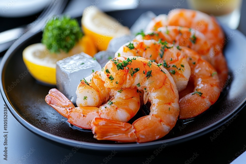 A vibrant plate featuring plump shrimp garnished with herbs, accompanied by lemon wedges and ice cubes, showcasing a fresh and appetizing seafood presentation. A vibrant plate featuring plump shrimp garnished with herbs, accompanied by lemon wedges and ice cubes, showcasing a fresh and appetizing seafood presentation.