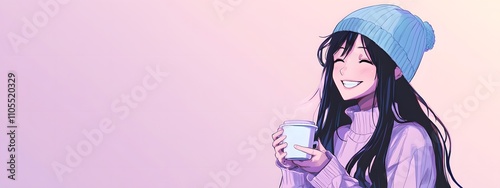 A girl with long black hair, wearing an oversized sweater and beanie, sipping coffee and smiling slightly