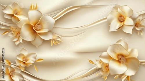 Luxury gold, cream flowers create high-quality 3D mural design. Elegant floral pattern suitable for wallpaper wall decor. Abstract design with flowing lines. Rich color palette creates sophisticated