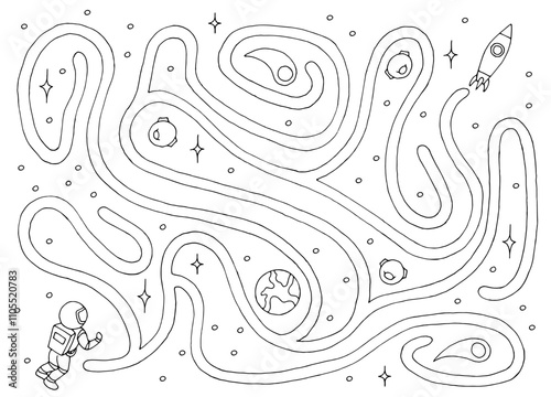 Astronaut rocket maze graphic black white space sketch illustration vector 