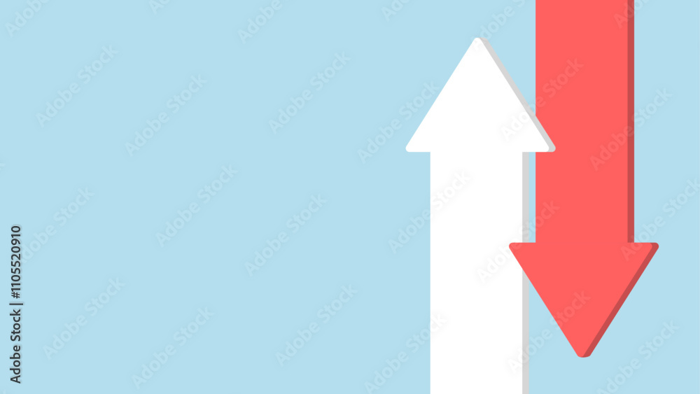 Red downward and white upward arrows overlapping on a light blue background Red downward and white upward arrows overlapping on a light blue background