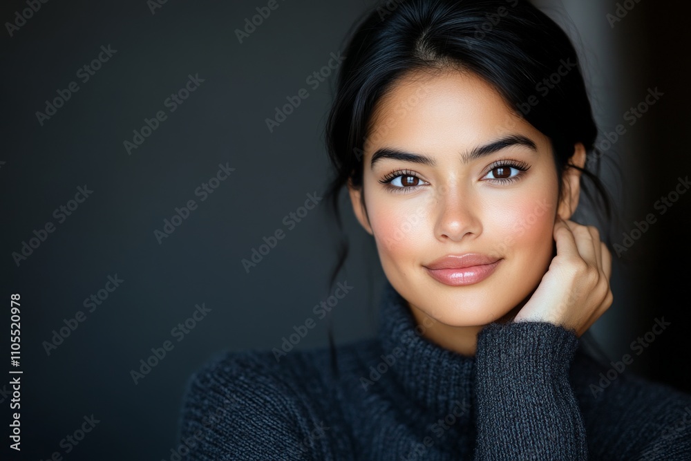 A serene woman poses thoughtfully in a gray sweater against a dark background, exuding elegance, grace, and introspection. Her subtle smile invites curiosity. A serene woman poses thoughtfully in a gray sweater against a dark background, exuding elegance, grace, and introspection. Her subtle smile invites curiosity.