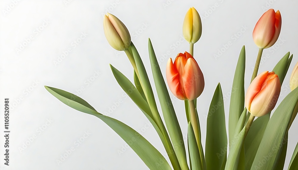 Blooming Tulips in a Bouquet, Elegant and Natural Against a White Background. Blooming Tulips in a Bouquet, Elegant and Natural Against a White Background.