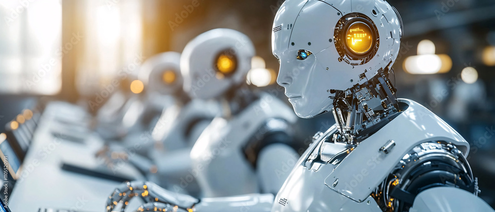 Fototapeta premium Advanced AI Robots Working Collaboratively in Modern Factory Setting