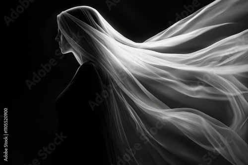 Woman Silhouette Draped In Flowing White Veil