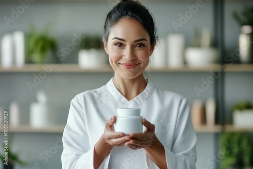 A smiling woman in a white outfit holds a jar of cream, surrounded by green plants and neutral decor, representing natural beauty and self-care. photo