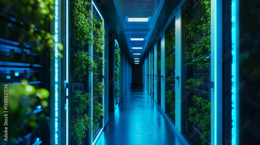Data center hallway featuring illuminated server racks and vertical plant installations along the walls Data center hallway featuring illuminated server racks and vertical plant installations along the walls