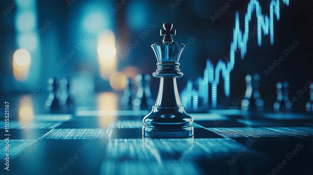 Chess pieces on a board with glowing market charts in the background, representing strategy Chess pieces on a board with glowing market charts in the background, representing strategy