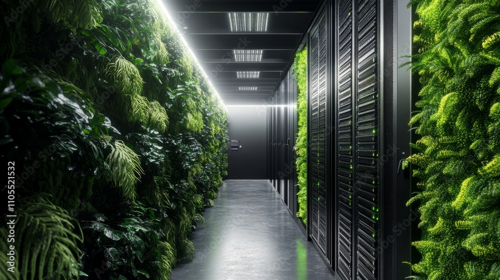 Eco-focused data center interior with green-themed decor, energy-saving systems, and vibrant plants, symbolizing sustainability Eco-focused data center interior with green-themed decor, energy-saving systems, and vibrant plants, symbolizing sustainability