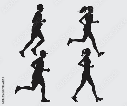 Run. Running men and women, vector set of isolated silhouettes