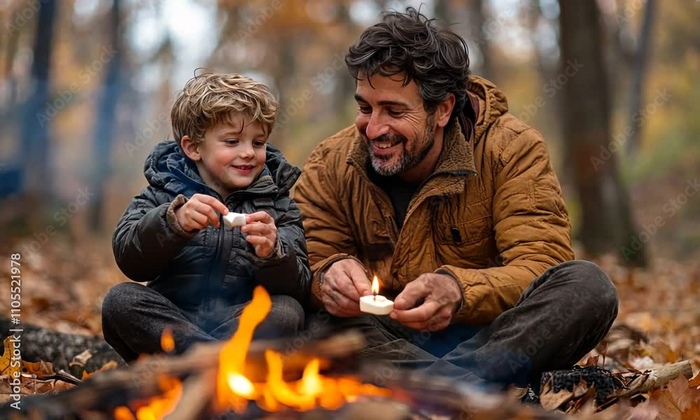 Father and son enjoying a cozy campfire in the woods. Father and son enjoying a cozy campfire in the woods.