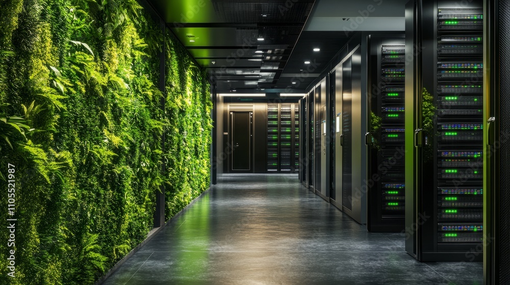 High-tech server room with green walls and foliage accentuating the commitment to sustainable IT practices High-tech server room with green walls and foliage accentuating the commitment to sustainable IT practices