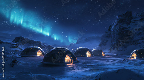 An igloo village for winter travelers with multiple igloos on a snow-covered field, surrounded by polar lights at night.