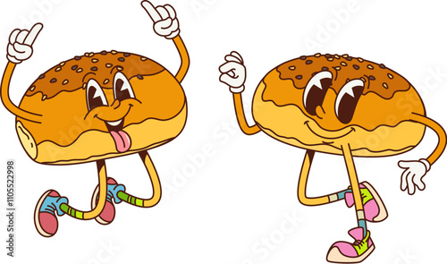 Cartoon retro groovy japanese anpan bun dessert characters rejoice with welcoming gestures. Isolated vector delicious japan red bean bread personages with hippie sneakers inviting to visit Asian cafe
