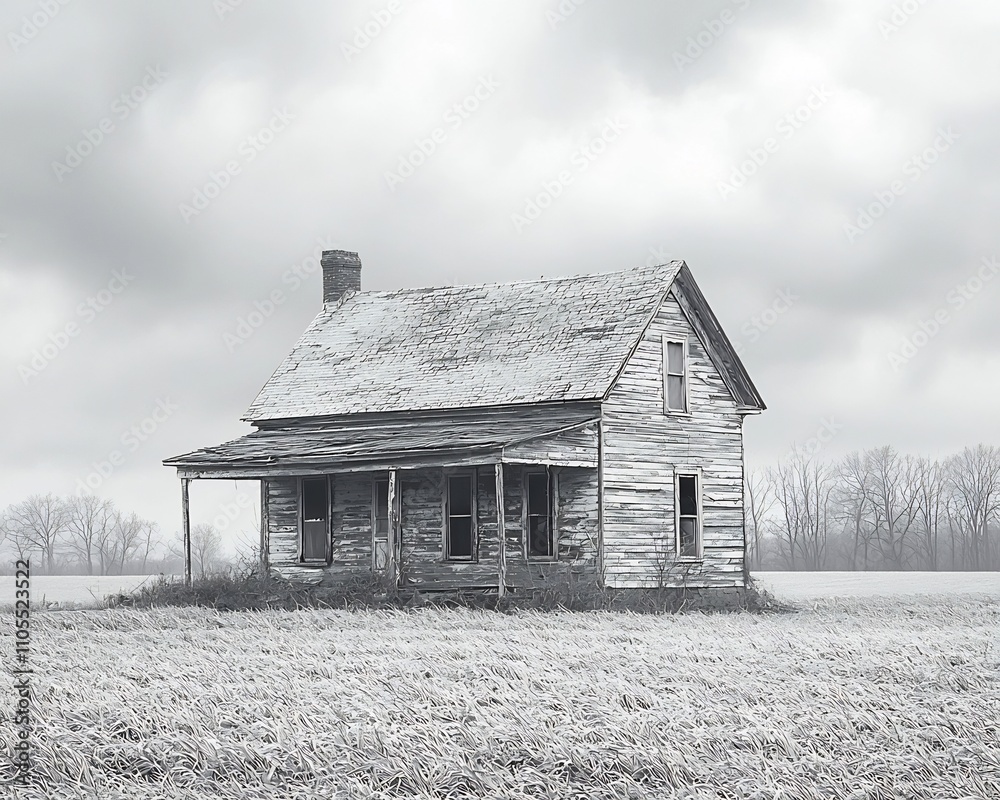 Abandoned Farmhouse in Desolate Landscape Symbolizing the Decay of Life and Passage of Time Abandoned Farmhouse in Desolate Landscape Symbolizing the Decay of Life and Passage of Time