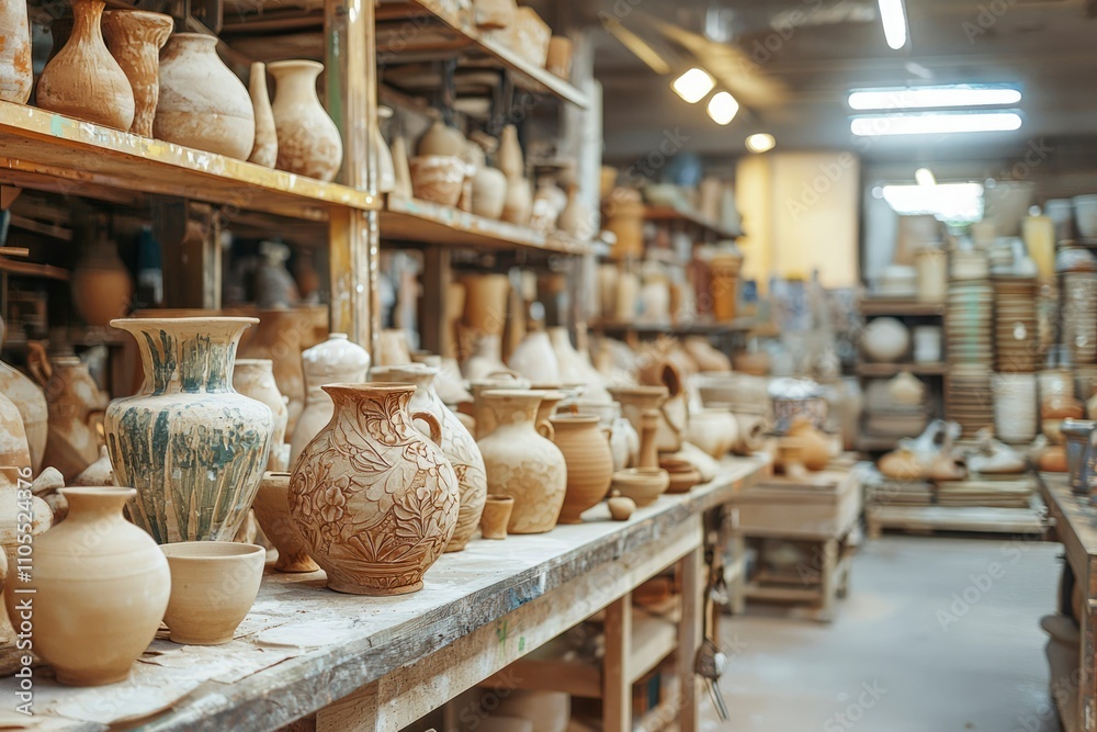 Earthenware pottery vases arranged on wooden shelves in a workshop Earthenware pottery vases arranged on wooden shelves in a workshop