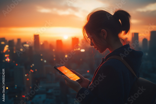 woman is looking at a tablet, at sunset over a city photo