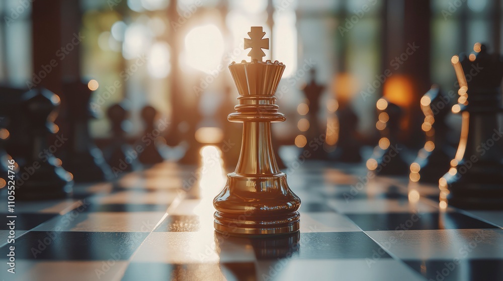 Golden Chess King Stands Alone On Board Golden Chess King Stands Alone On Board
