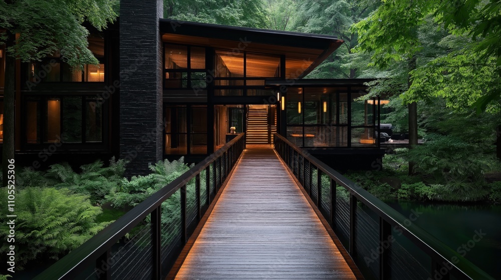 Modern architectural home with large glass windows surrounded by lush greenery in a forest setting, featuring an illuminated pathway leading to the entrance. Modern architectural home with large glass windows surrounded by lush greenery in a forest setting, featuring an illuminated pathway leading to the entrance.