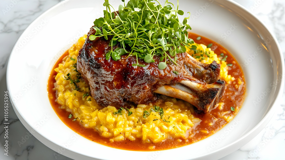 Traditional Homemade Italian Veal Osso Buco Milano Style with Saffron Risotto, Fresh Gremolata and Roasted Bone Marrow, Authentic Restaurant Style Food Photography Traditional Homemade Italian Veal Osso Buco Milano Style with Saffron Risotto, Fresh Gremolata and Roasted Bone Marrow, Authentic Restaurant Style Food Photography