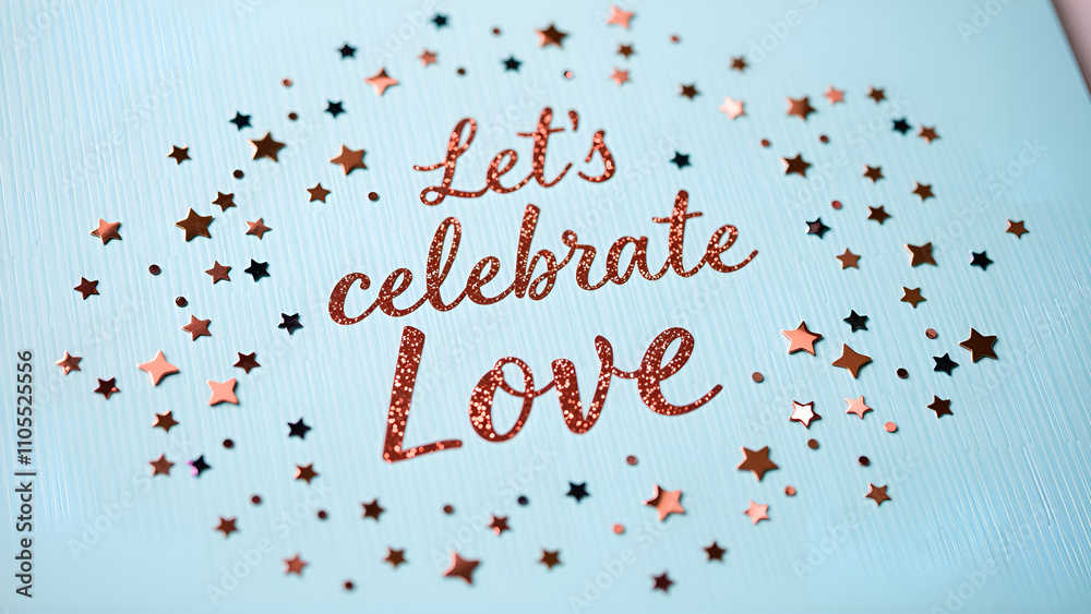 "Let's celebrate Love" text surrounded by glittering stars on light