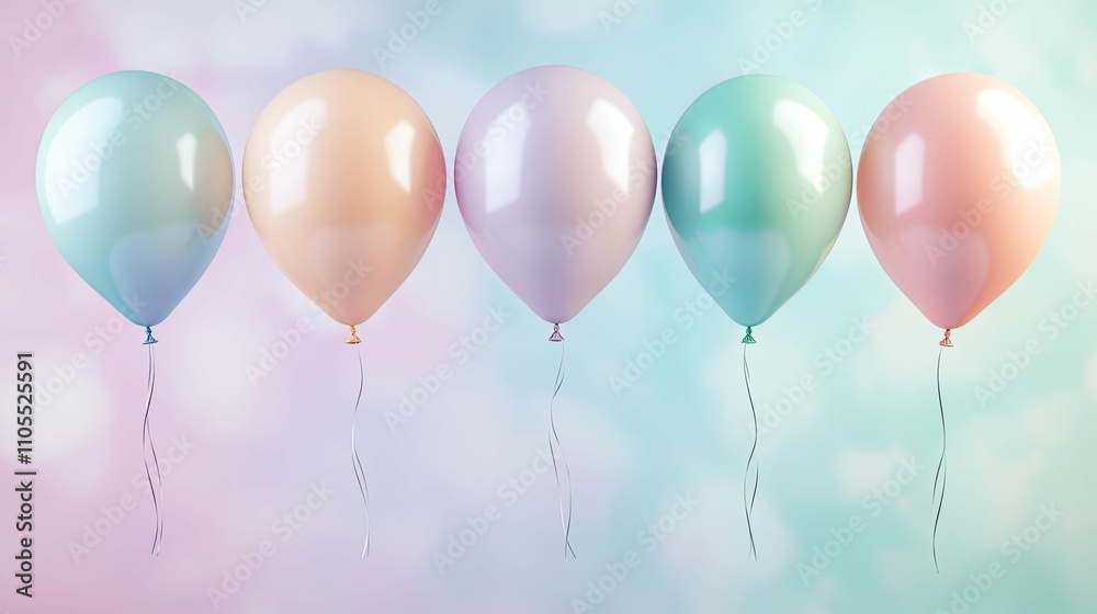Five Pastel Balloons Float Gently Against A Soft Background Five Pastel Balloons Float Gently Against A Soft Background