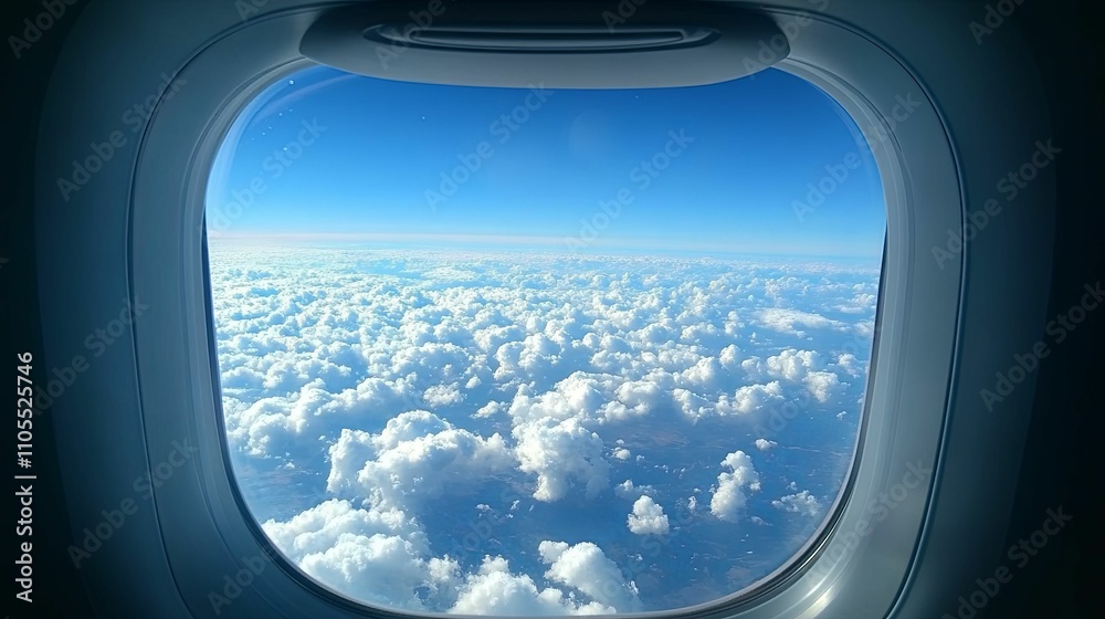 Airplane Window View Of Fluffy Clouds And Blue Sky Airplane Window View Of Fluffy Clouds And Blue Sky