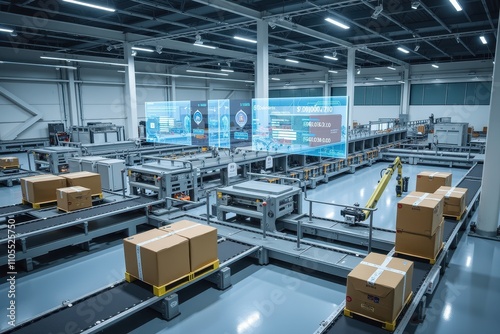 Modern Warehouse with Advanced Sorting and Packaging System Showcasing Boxes Moving Efficiently on Automated Conveyors