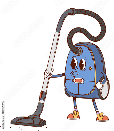 Groovy vacuum cleaner, cleaning and household appliance cartoon character with a smiling face, holding its hose and wears sneakers. Isolated vector funky and playful retro electronic tool personage