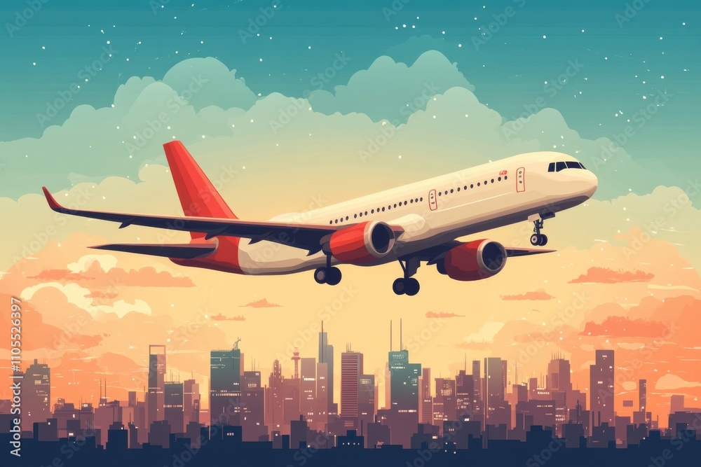 Flat vector airplane flying over a city. Flat vector airplane flying over a city.