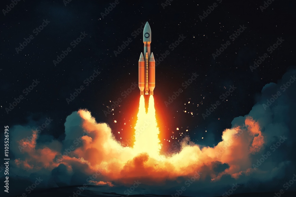 Powerful rocket launch in dark night sky. Fiery exhaust plumes billow. Space exploration concept. Astronauts preparing for journey. Modern tech, science advancement. Commercial spaceflight. Future Powerful rocket launch in dark night sky. Fiery exhaust plumes billow. Space exploration concept. Astronauts preparing for journey. Modern tech, science advancement. Commercial spaceflight. Future