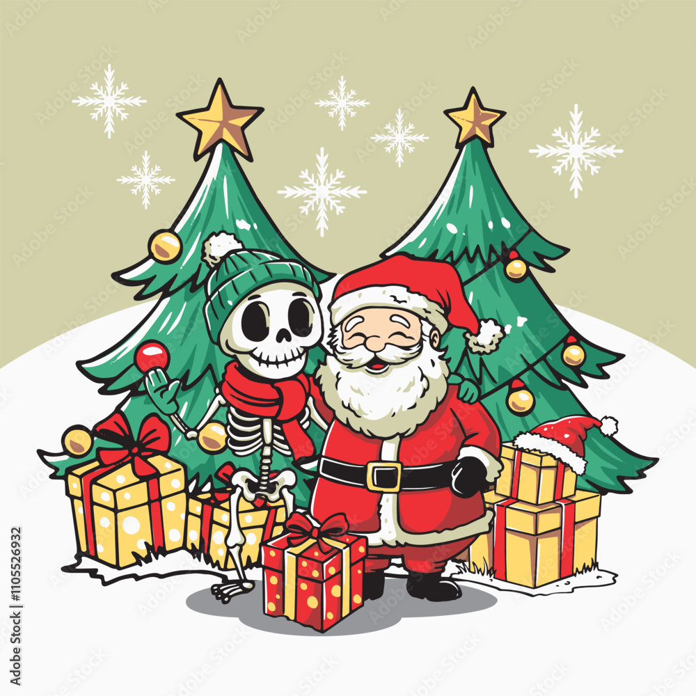 Fototapeta premium Hand drawn christmas santa and skeleton happiness illustration