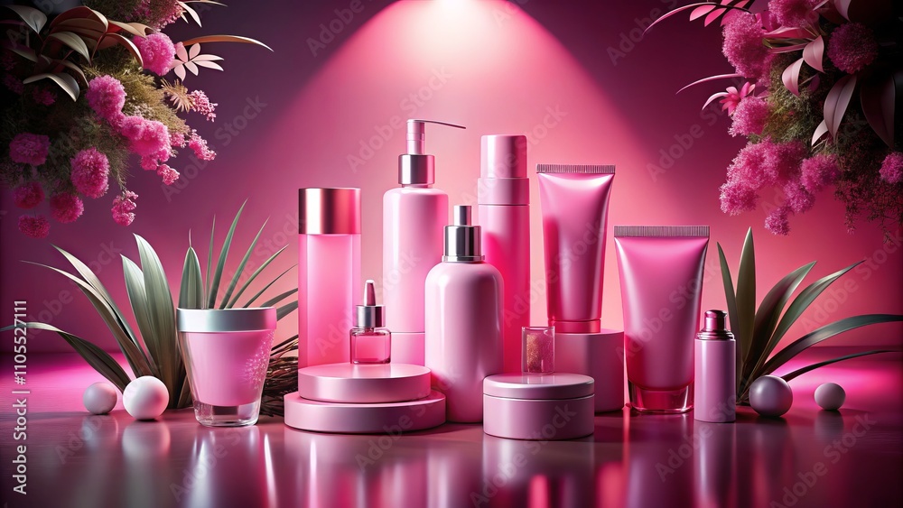 Captivating Landscape of Pink Cosmetic Skincare Cleansers Under Bright Hard Direct Flashlight for an Eye-Catching Beauty Still Life Composition Captivating Landscape of Pink Cosmetic Skincare Cleansers Under Bright Hard Direct Flashlight for an Eye-Catching Beauty Still Life Composition