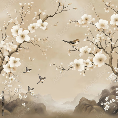 White flowers, birds decorate beige background. Gentle spring scene. Image suitable for wallpaper. Soft colors create calming atmosphere. Aesthetic evokes serene nature, delicate beauty. Delicate