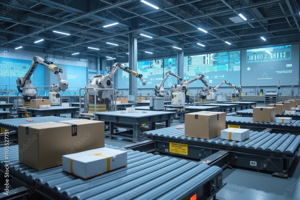 Advanced Robotics in Package Sorting Facility with Automated Systems, Conveyor Belts, and Streamlined Operations for Efficient Logistics Management and Distribution Processes Advanced Robotics in Package Sorting Facility with Automated Systems, Conveyor Belts, and Streamlined Operations for Efficient Logistics Management and Distribution Processes