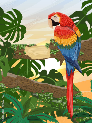 Large brightly colored scarlet macaw parrot sits on the branches of a tropical tree with moss and large leaves. South America and Africa. Realistic vector vertical landscape