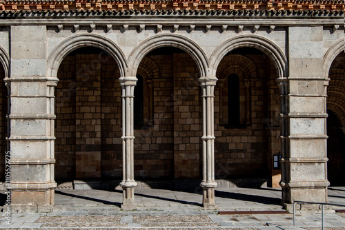 three semicircular arches in the porticoed atrium of the church of Saints Vicente, Sabina and Cristeta in Avila. Spain