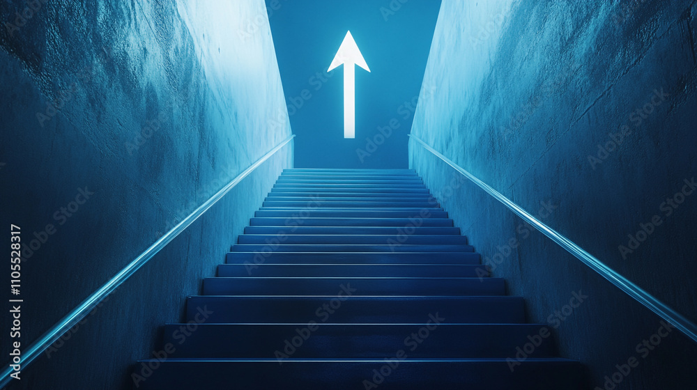Fototapeta premium Stairway illuminated with directional arrow indicating ascent in a dimly lit environment