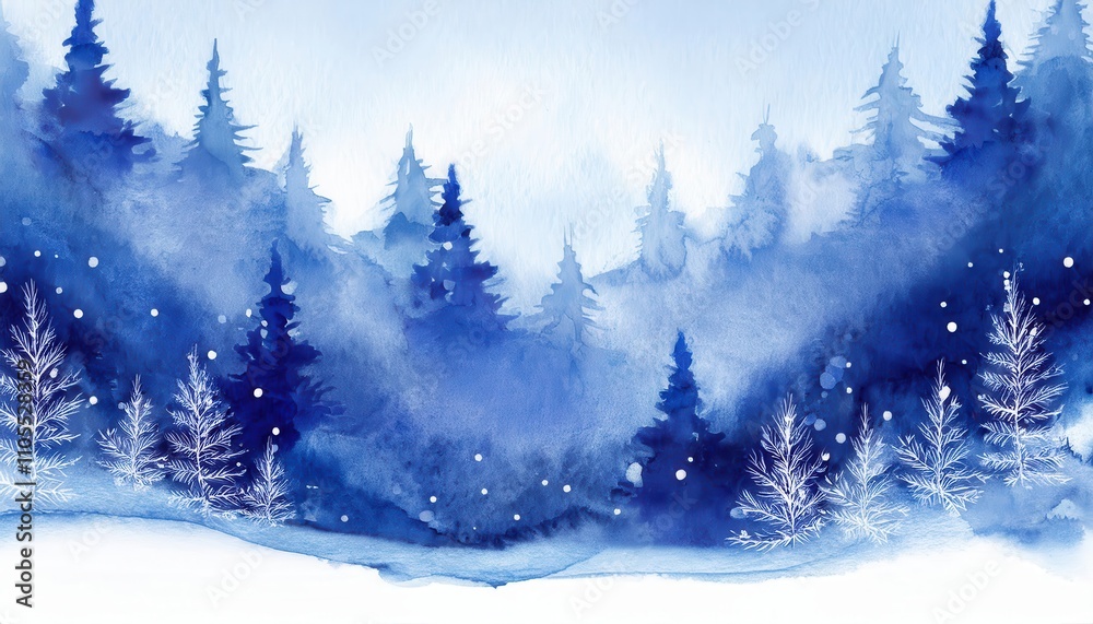 Fototapeta premium Watercolor Winter Landscape with lots of snow and a Cold Forest